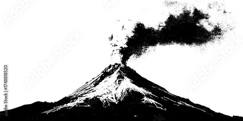 Black and white volcano eruption silhouette for celestial theme design