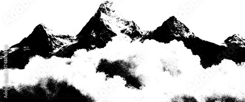 Abstract mountainous landscape with clouds in black and white stencil design