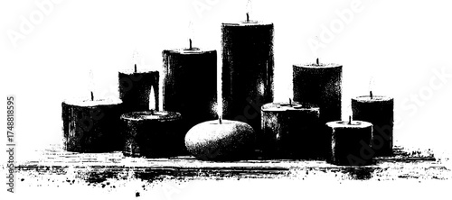 Black and white stencil art of melted candles on rustic surface for design and craft projects