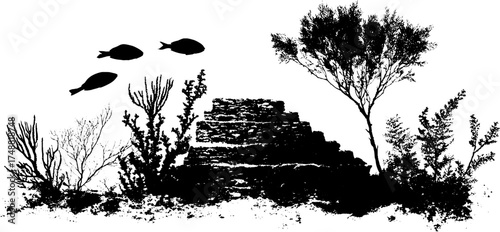 Ancient ruins with coral and fish silhouette design for urban decor and print