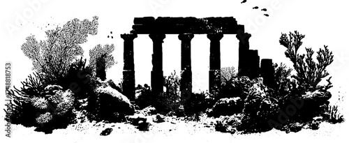 Ancient ruins with coral growth stencil silhouette for design and decor