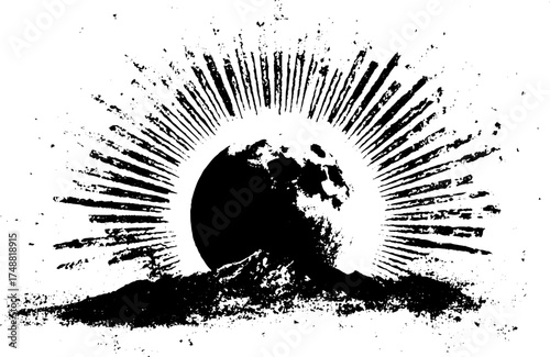 Celestial grunge crescent moon design with textured rays for artistic boho decor and prints