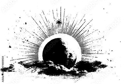 Celestial crescent moon with radiant star and clouds - perfect for bohemian art and design projects