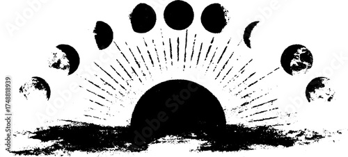 Celestial phases in black and white stencil art for décor and design