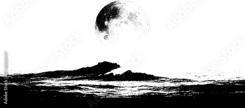 Celestial moon over rolling waves silhouette for prints and posters