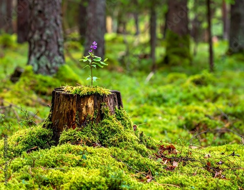 A vibrant purple flower sprouts from a mossy forest stump, surrounded by lush greenery.