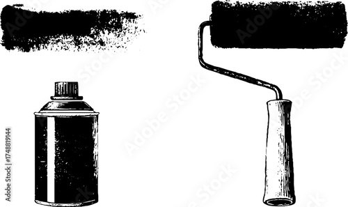 Black and white graffiti art tools silhouette set - spray can and paint roller design