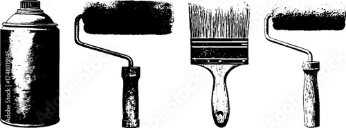 Black and white graffiti mask stencil set featuring spray can, roller, and brush elements for urban design