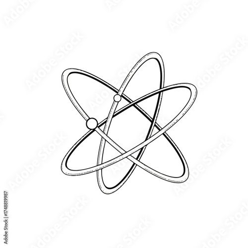 A simple line drawing of an atom icon with orbiting electrons and a wedding ring icon in the background on a white surface.