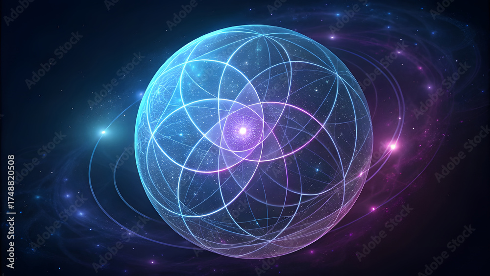Obraz premium Luminous abstract sphere with interconnected geometric patterns and glowing orbits