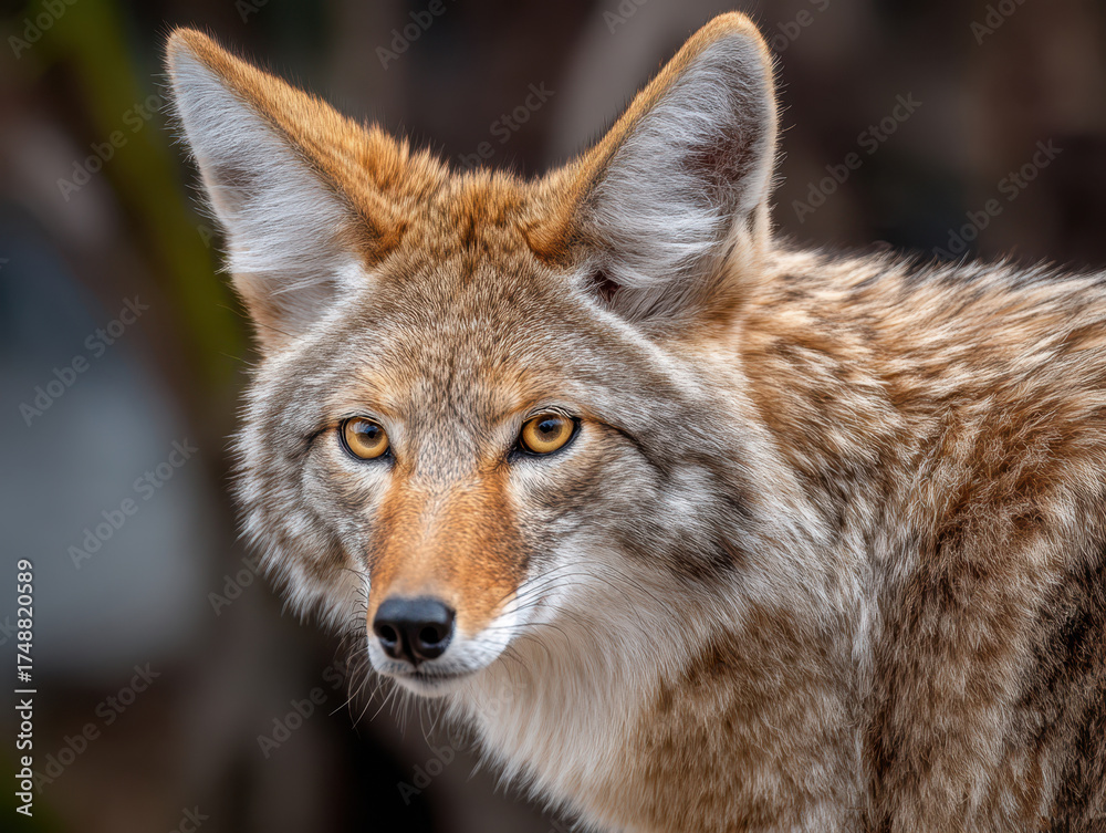 Fototapeta premium Close-up of a wild canine with thick, mottled fur and striking amber eyes, staring intently at the camera. Large ears are perked up, highlighting its alertness and curiosity