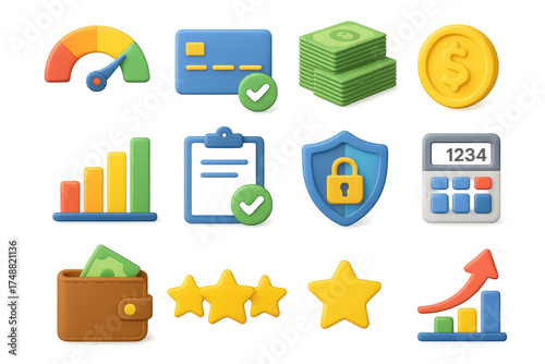 3D Credit Icon Set. Credit score set of icons in 3D color style: meter gauge, credit card with check, cash stack, rating chart, clipboard with tick,