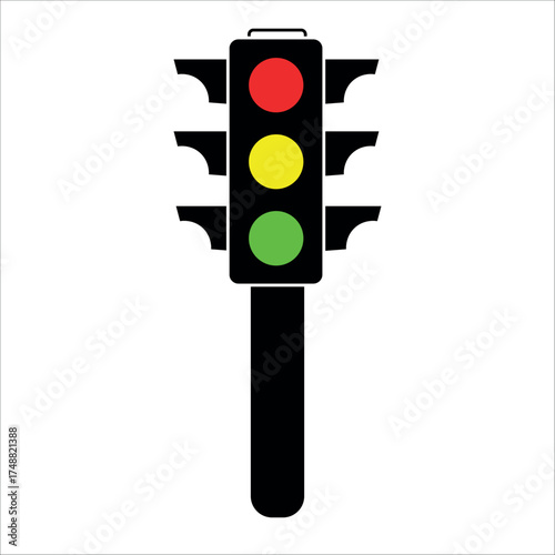 Simple black traffic light with red yellow and green signals.