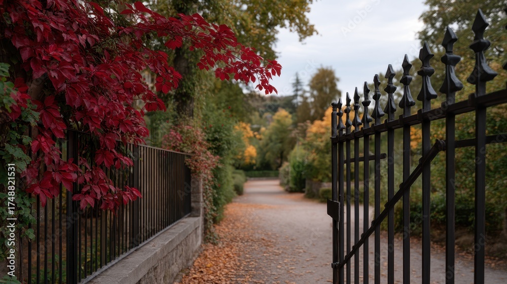 Fototapeta premium Autumn Heritage Garden With Bright Red Leaves Framed by an Open Gate