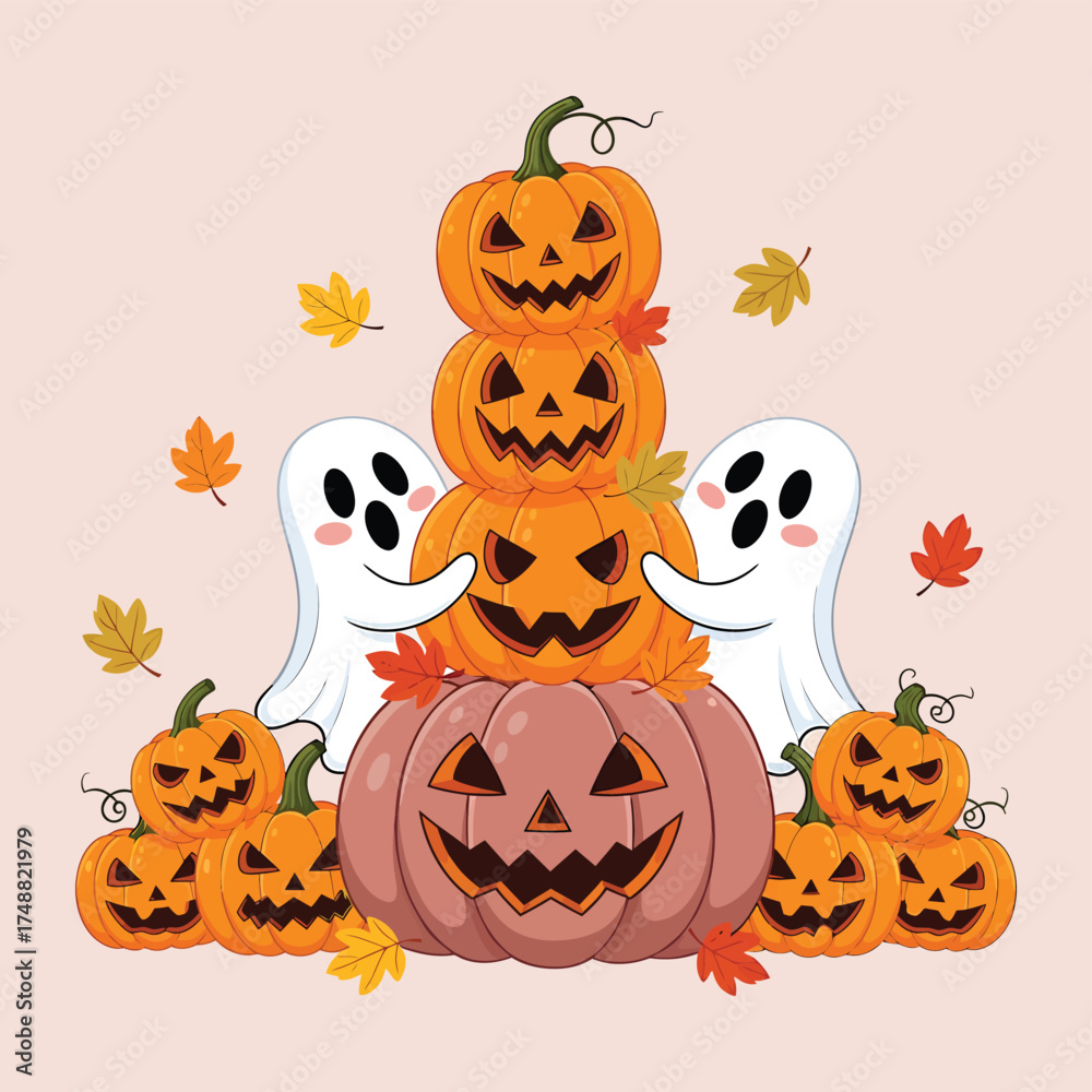 Fototapeta premium Cute halloween stack of pumpkins with friendly ghosts and autumn leaves