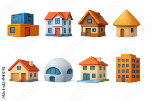 3D Housing Icons. Housing models set of icons in 3D color style: container house, colonial home, chalet, thatched hut, suburban home, futuristic dome,