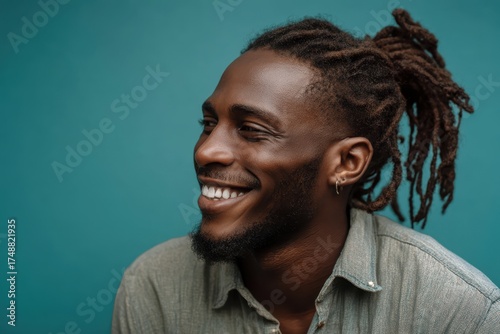 Smiling man with dreadlocks...