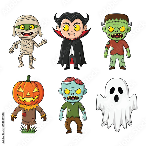 Cute halloween characters collection with mummy vampire zombie pumpkin and ghost