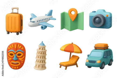 Travel Icons Collection. Travel experiences set of icons in 3D color style: suitcase, airplane, map, camera, cultural mask, landmark tower, beach