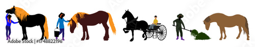 Farmers with horses, people and animal silhouettes. Vector illustration