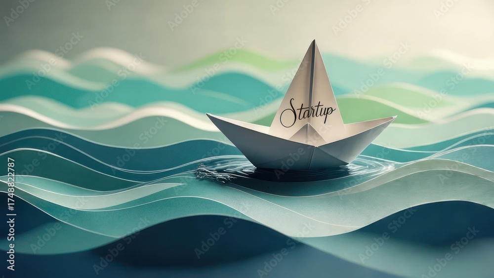 Fototapeta premium Paper Boat Sailing on Paper Waves - A Serene Miniature Scene.