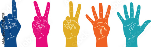 Set of multicolored hands showing finger counting from one to five, a diverse and educational visual concept