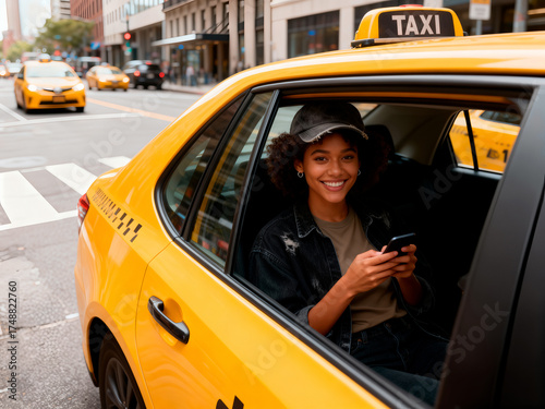 Young woman texting in the back seat of a yellow taxi