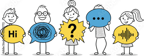 Diverse group of people communicating through speech bubbles with varied messages including 'Hi,' a question mark, and a sound wave graphic