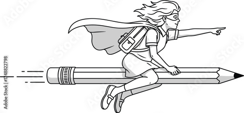 Supergirl Flying on a Pencil, Symbolizing Education, Creativity, and Imagination in a Fun, Comic-Style Illustration