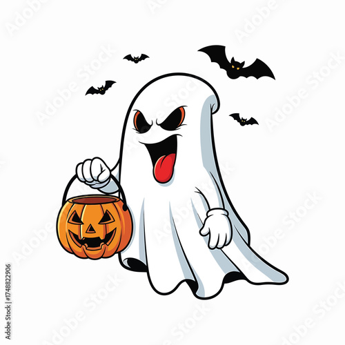 Spooky cartoon ghost holding a jack o lantern for halloween