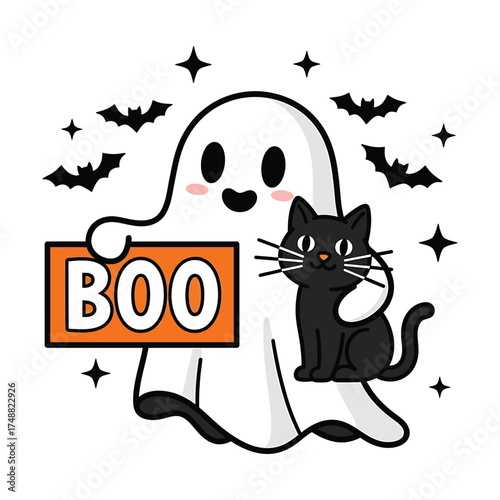 Cute cartoon ghost holding a boo sign with a black cat and bats