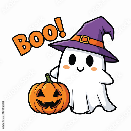 Cute cartoon ghost in witch hat with pumpkin and boo text