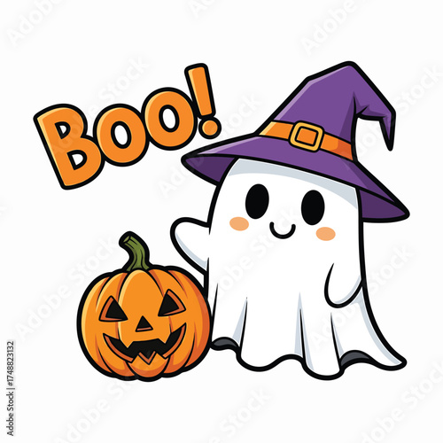 Cute cartoon ghost in witch hat with pumpkin and boo text