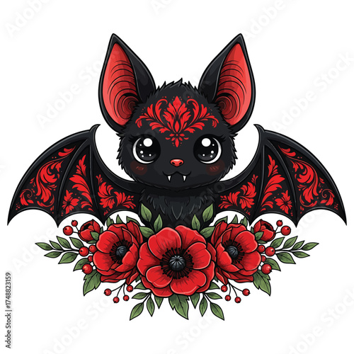 Cute kawaii bat with red flowers and gothic details halloween bat