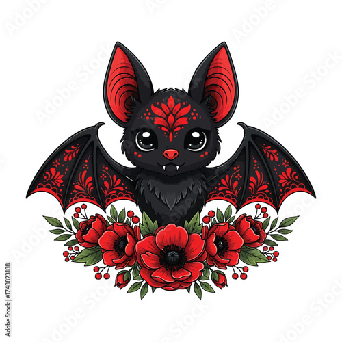 Cute kawaii bat with red flowers and gothic details halloween bat