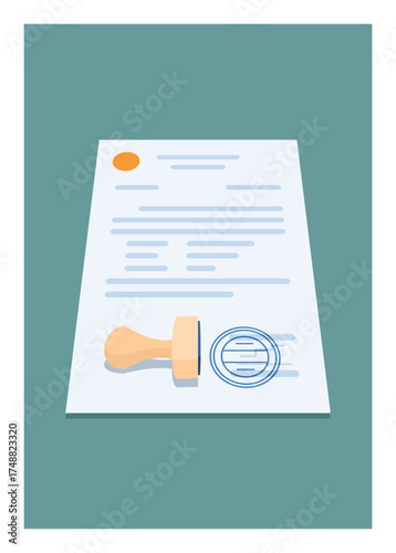 Stamped document. Simple flat illustration in perspective view.