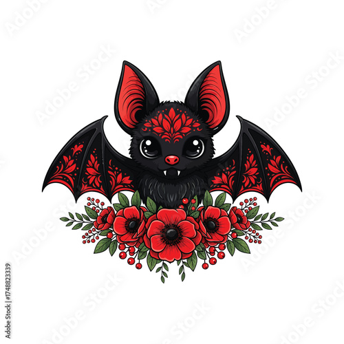 Cute kawaii bat with red flowers and gothic details halloween bat