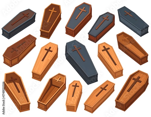 Various wooden coffins with crosses displayed in an isometric view.
