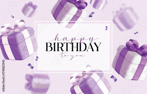 Happy Birthday greeting card template design. Birthday greeting text in frame with purple gift boxes clip art decoration elements in violet background vector illustration. 
