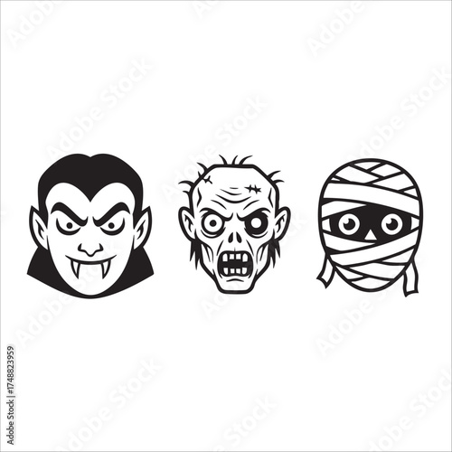Scary vampire, zombie, and mummy icons in black and white vector style. Perfect for Halloween posters, party invitations, stickers, and spooky digital artwork.