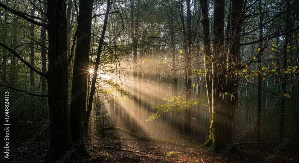 Obraz premium Sunlight streams through a dense forest creating a dramatic atmospheric scene