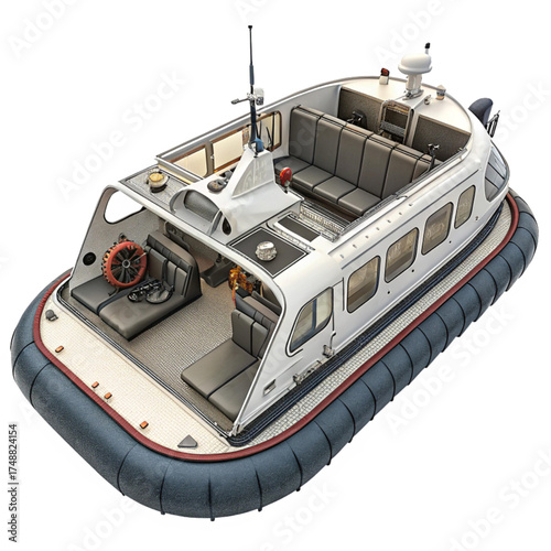 Luxurious hovercraft with spacious interior, offering smooth rides and modern design, perfect for leisure travel and innovative transportation solutions