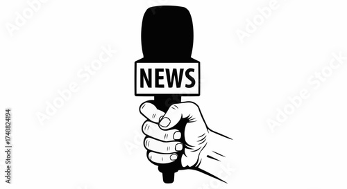 Hand holding news microphone, conveying journalism and media reporting