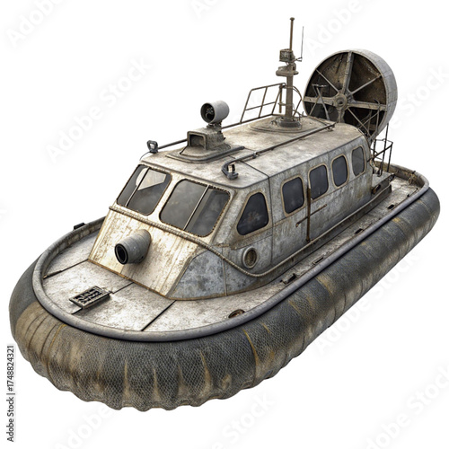 Powerful weathered hovercraft ready for rapid transport and rescue operations, conveying rugged adventure and exploration, ideal for military or coast guard concepts
