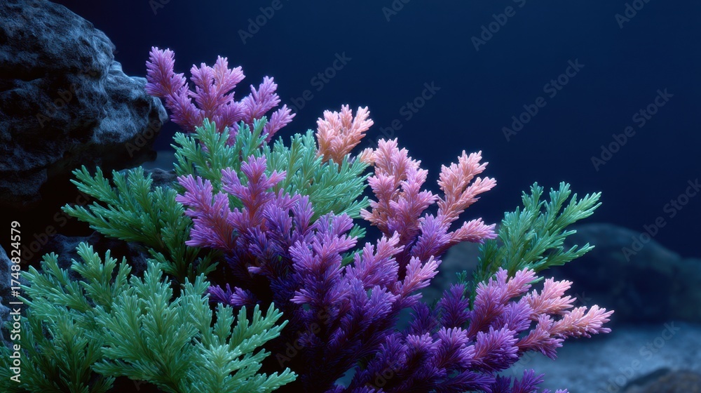 Obraz premium Vibrant Coral Reef Scene Under UV Light Showcasing Colorful Underwater Flora