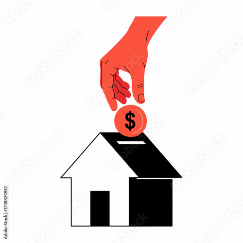 Hand Inserting Coin into House Savings Bank for Future Homeownership or Investment