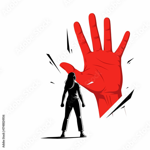 Empowered Woman Stands Against Giant Red Hand Symbolizing Opposition and Domestic Violence Awareness