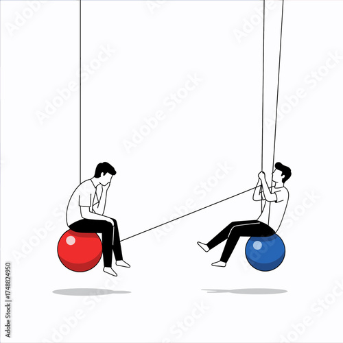 Two businessmen swinging on suspended colored balls representing connection distance and relationship dynamics in business and life