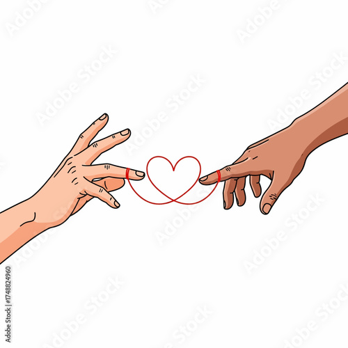 Destined Connection Red String of Fate Illustrates Love and Destiny Between Two Hands Forming a Heart Shape