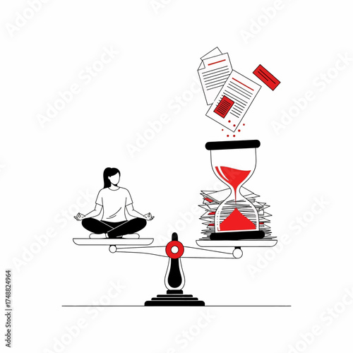 Balance Work and Life Woman Meditating vs Overwhelmed by Paperwork and Time